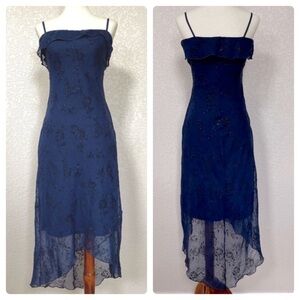 Byer too! navy floral crinkled ruffle asymmetrical hem midi slip dress